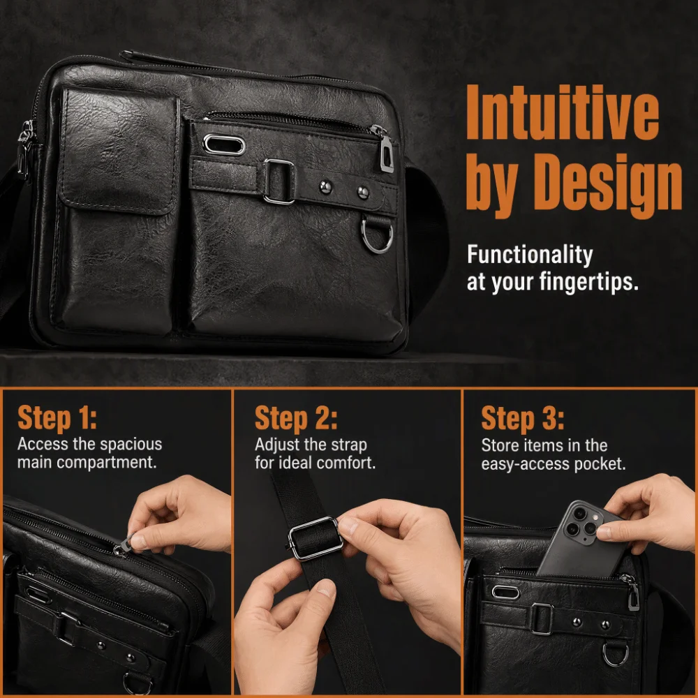 Retro PU Work Bag Adjustable Shoulder Strap Black Tablet Shoulder Bag Tablet Compatible Business Bag Business Travel