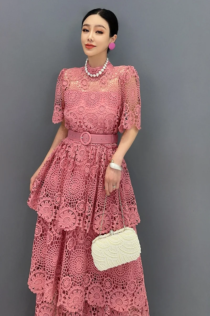 Summer 2024 New Elegant Hook Flower Hollow Lace Loose Long Dresses For Women Fashion Short Sleeve Dress Wholesale