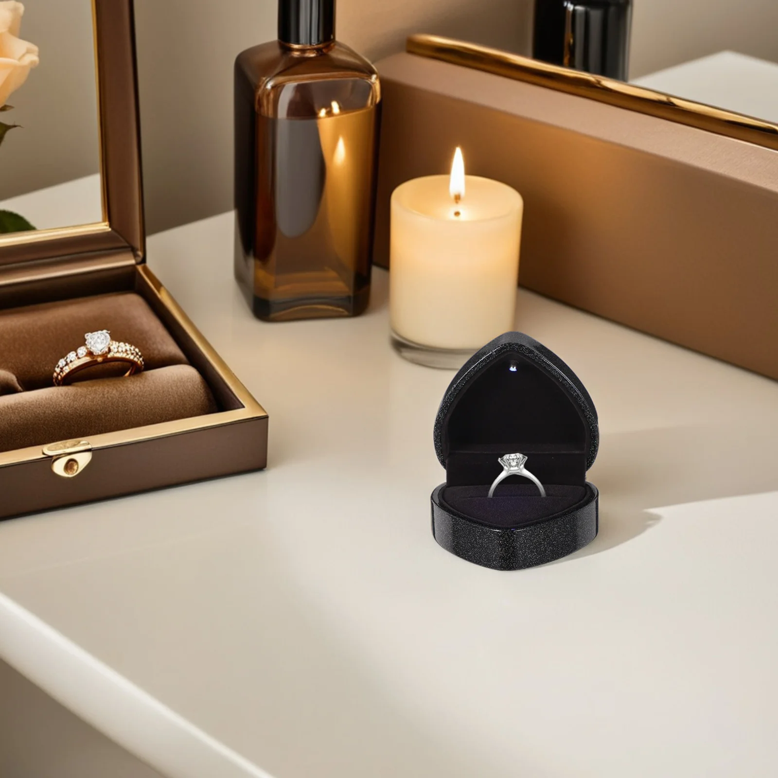 

LED Lighted Heart Shaped Engagement Ring Box Multi Purpose Gift for Anniversaries Weddings and Proposals Black