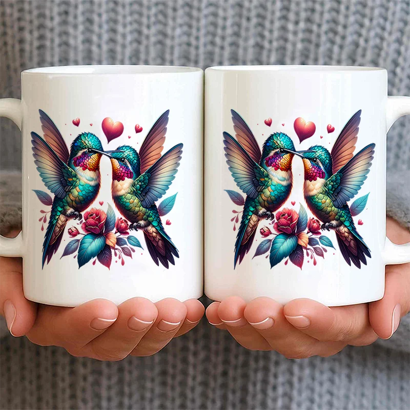 Colorful Hummingbird Heart Print Ceramic Coffee Mug, 11oz 350ml Personalized Custom Mug, Microwave Safe Cute Aesthetic Mug, Vale