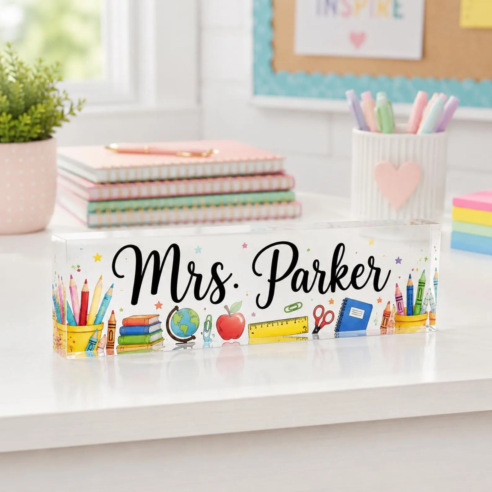 Customizable Teacher Desk Sign, Acrylic Plaque With Name Initial Class Photo, Back‑to‑School Classroom Decor Appreciation Gift