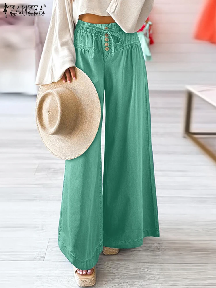 ZANZEA プラスサイズ レディース ワイドレッグパンツ ルーズ カジュアル レースアップ ウエストゴム ソリッドカラー 日常ズボン デニムルック L-5XL