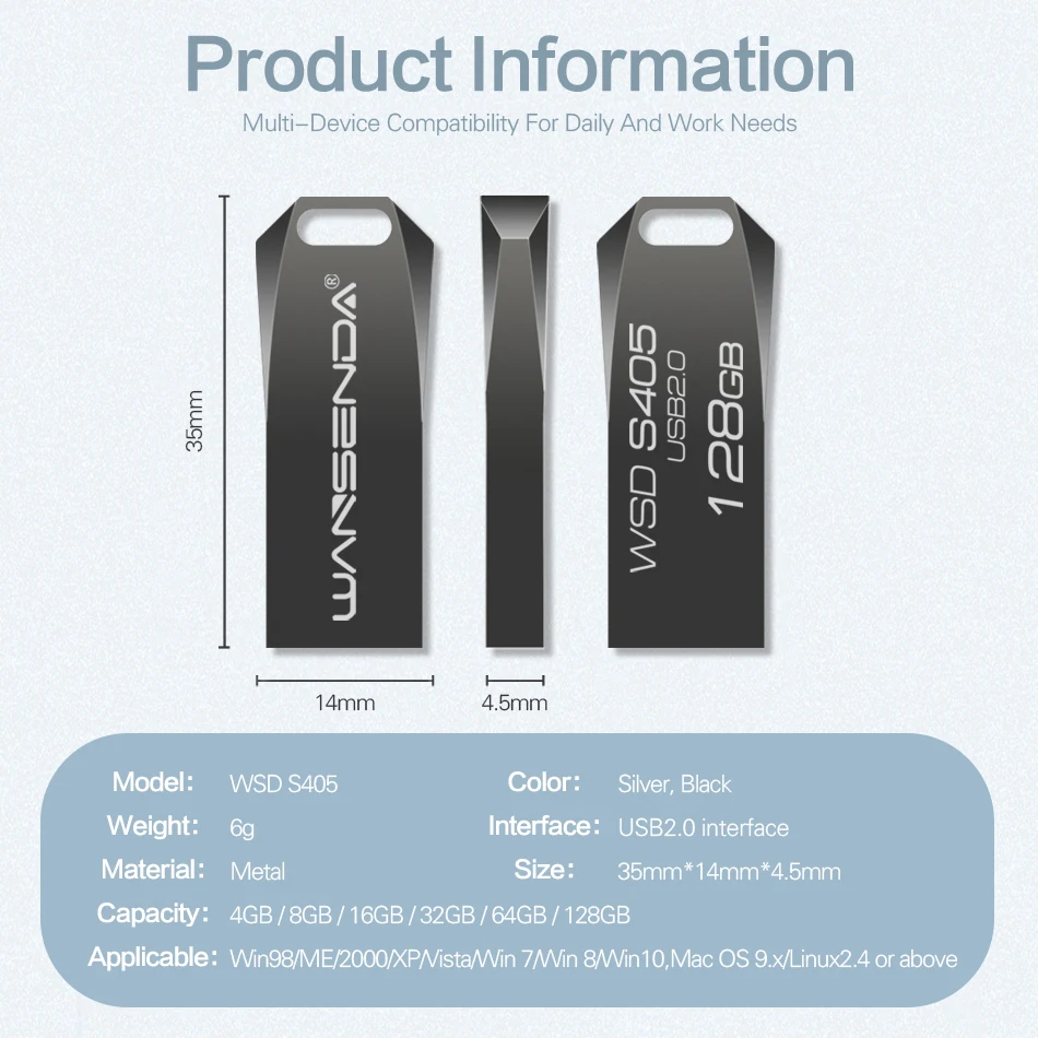 WANSENDA-unidad Flash USB de Metal, Pendrive de 64GB, 32GB, 16GB, 8GB y 4GB, resistente al agua, 128GB