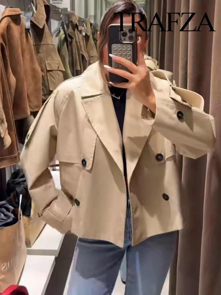 

HH Women Autumn Short Coat Lapel Double-Breasted Pocket Design Solid Windbreaker Female Chic Casual Loose Street Style Coat