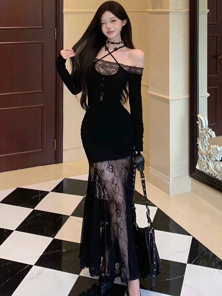 2025 Black Patchwork Lace Sheer Sexy Ruffled Long Dress Women Elegant Chic Neck-mounted Dress Autumn Korean Bodycon Party Dress