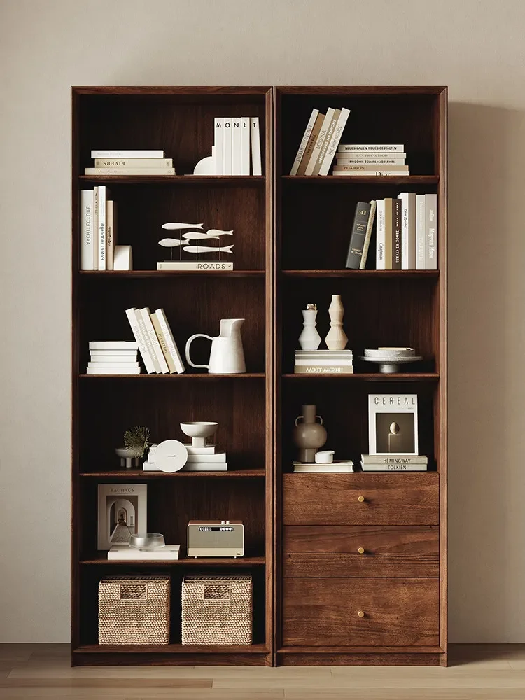 North American black walnut dust-proof glass door bookcase background wall floor-to-ceiling whole wall bookshelf simple