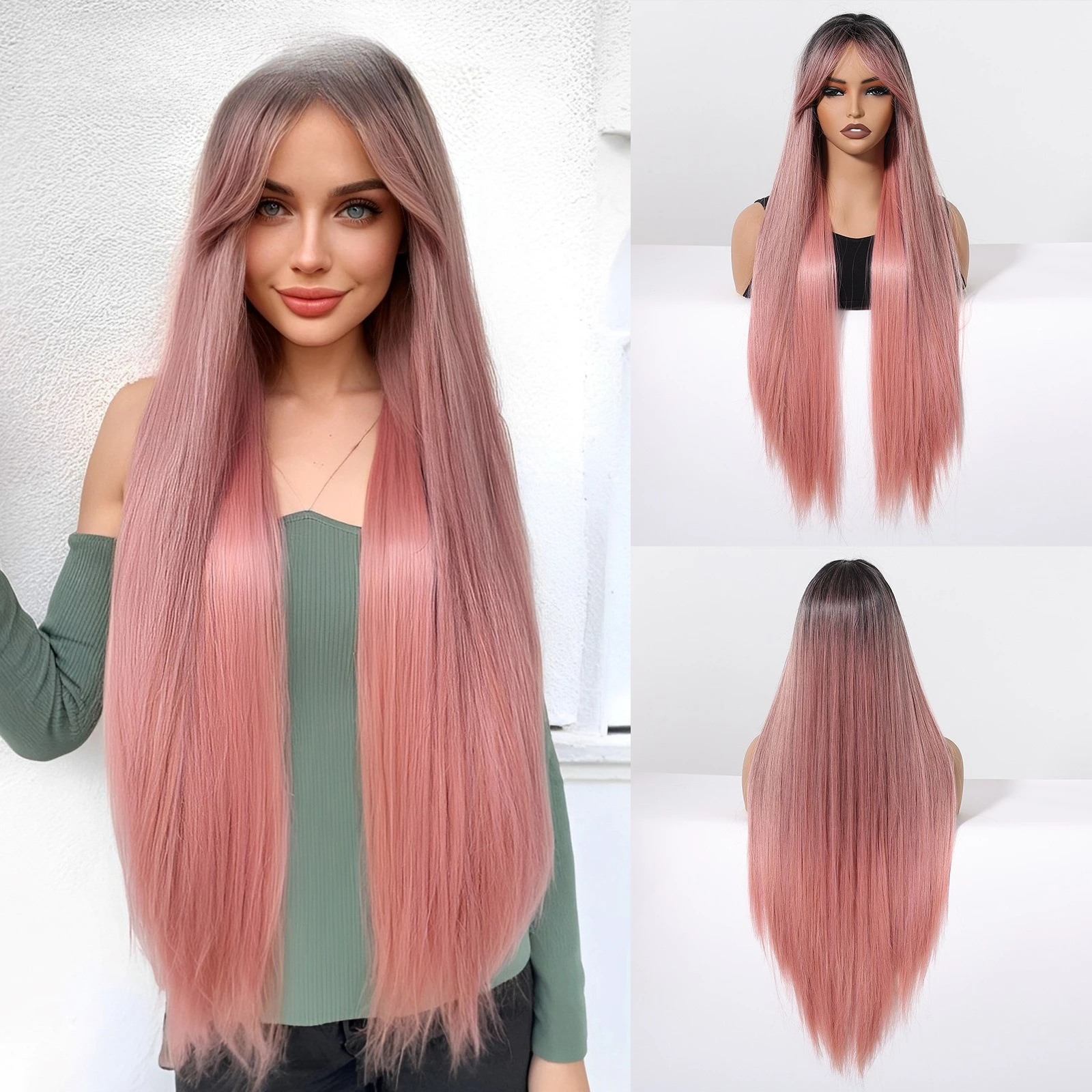 

Wig full head hairstyle European and American eight-character bangs gradual change pink natural temperament high skull top long