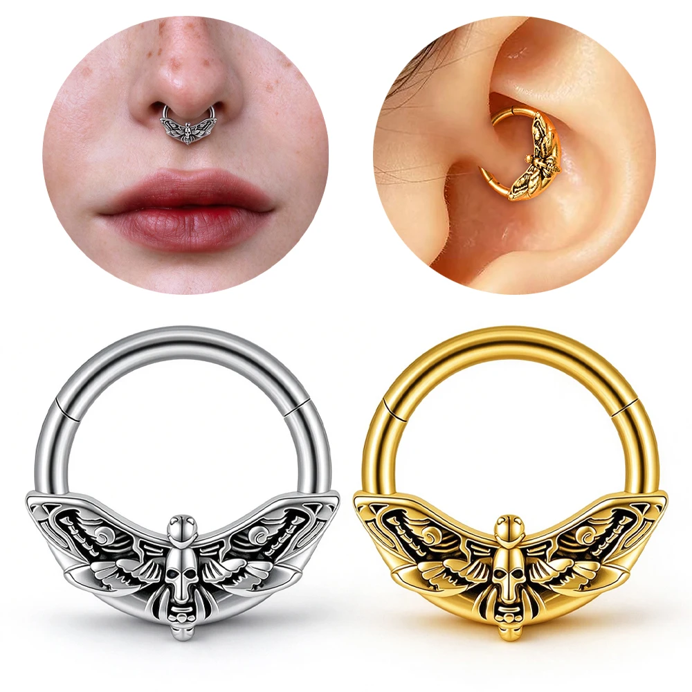 1PC Stainless Steel Gothic Death Moth Septum Ring Hinged Clicker Nose Hoop Skull Daith Helix Tragus Cartilage Piercing Jewelry