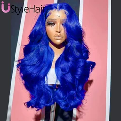 Perruque Lace Front Wig Body Wave longue bleu royal, cheveux synthétiques, partie latérale, bleu uni, cosplay, degré de chaleur, utilisation 03