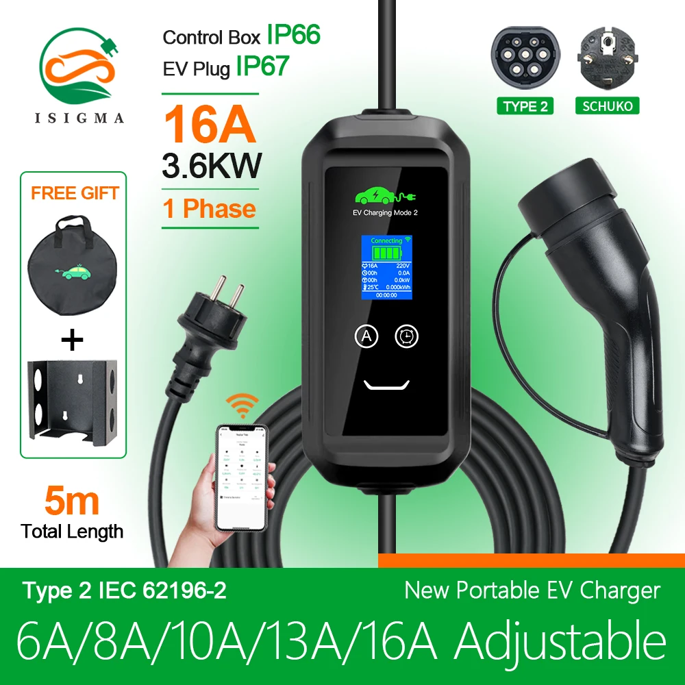 Portable EV Charger Type2 IEC62196-2 16A 3.6kw Tuya APP EVSE Charging Cable Type1 SAE J1772 EU Plug Wallbox for Electric Car