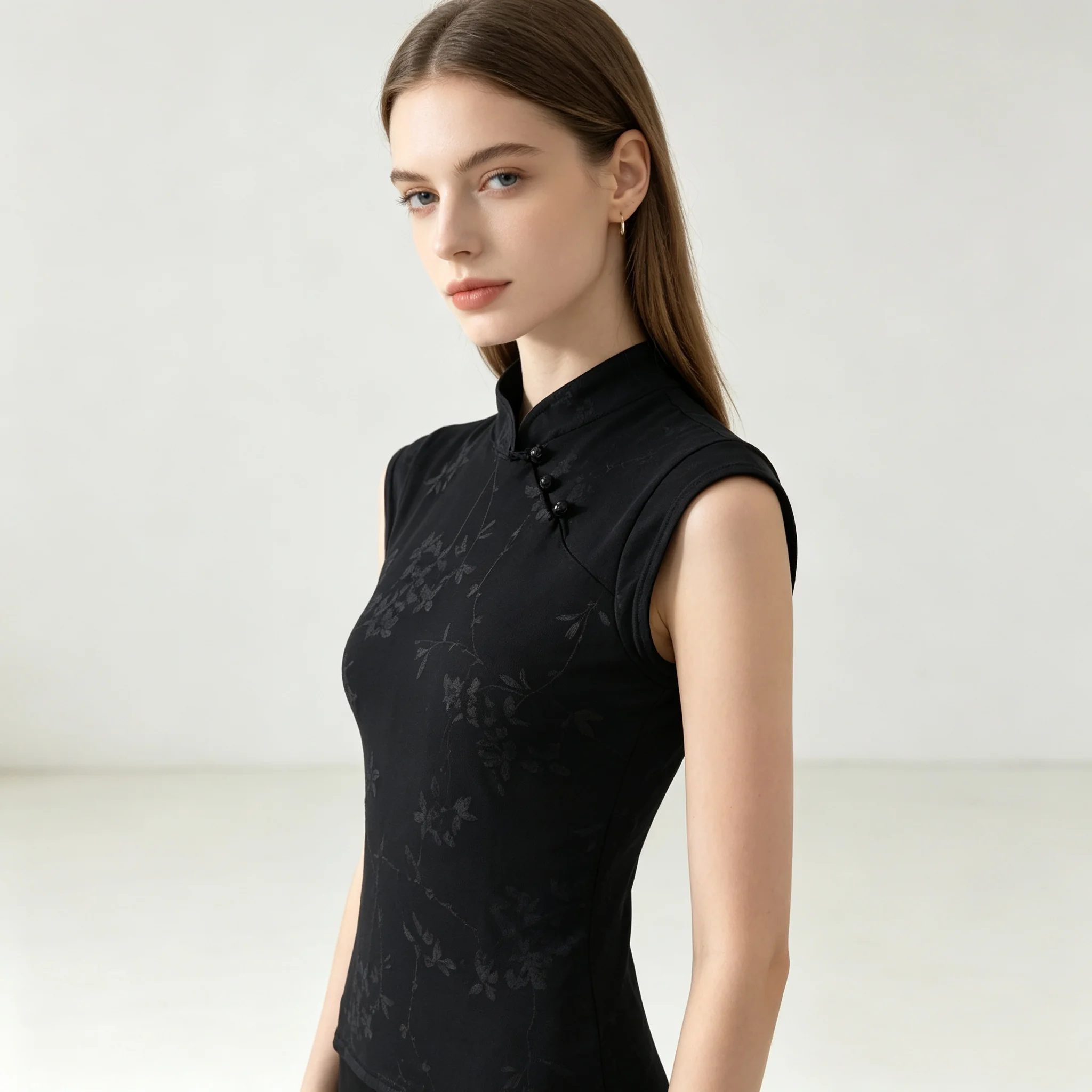 Vintage ancient style ladies slim waist T-shirt small high-necked cheongsam knot design high street retro comfort and leisure.