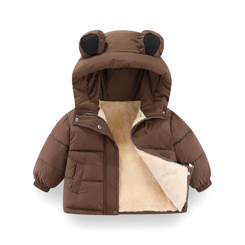New Winter Boys Girls Jacket Solid Color Lamb Wool Lining Thick Warm Hooded Coat For 2-8 Years Boys Cotton Down Zipper Outwear