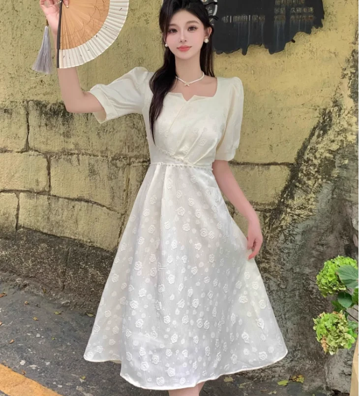 فستان جاكار أنيق مقاس كبير أسود بأكمام قصيرة ورقبة مربعة فستان بناتي صيفي بمزاج فرنسي عالي الخصر على شكل حرف a فساتين بسيطة #5