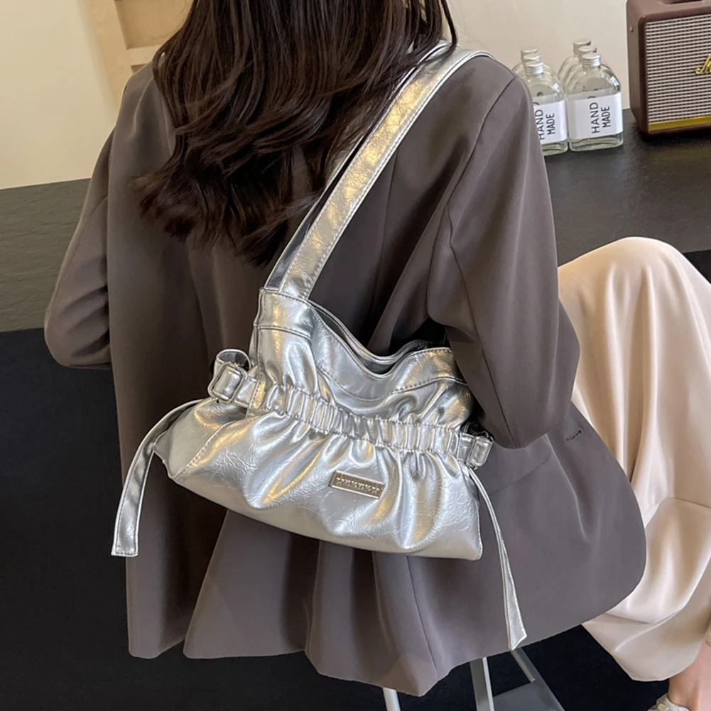 

Плиссированная сумка подмышки, модная сумка на плечо, большая вместительная простая сумка-тоут, однотонная повседневная сумка-клатч для вечеринки, отпуска