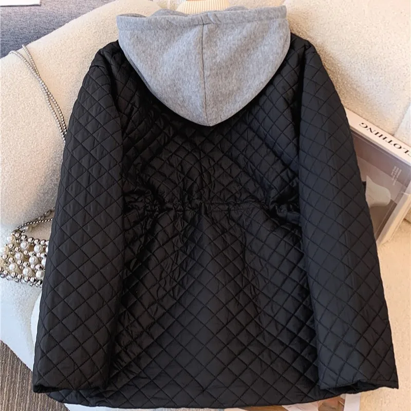 Chaqueta de algodón acolchada con capucha para mujer, abrigo cálido con cordón de almazuela Simple, moda coreana, abrigo grueso negro holgado, invierno