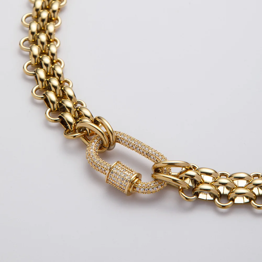 

2025 Waterproof 18k Gold Plated Stainless Steel Hypoallergenicity Three Layer Weaving Chunky Chain Zircon Clasp Necklace