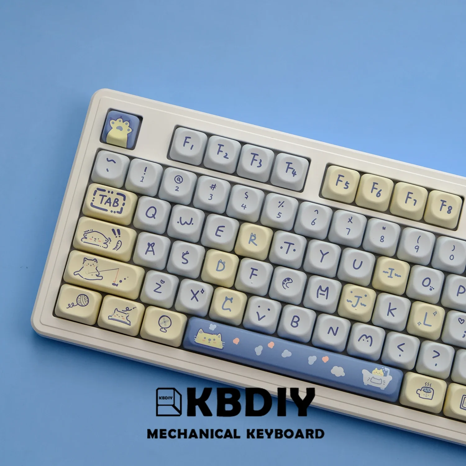 KBDiy 141Keys PBT Blue Meow Keycap Custom KOA Profile Cute Keycaps for Mechanical Keyboard ISO 7U Key Cap for MX switches GMK67