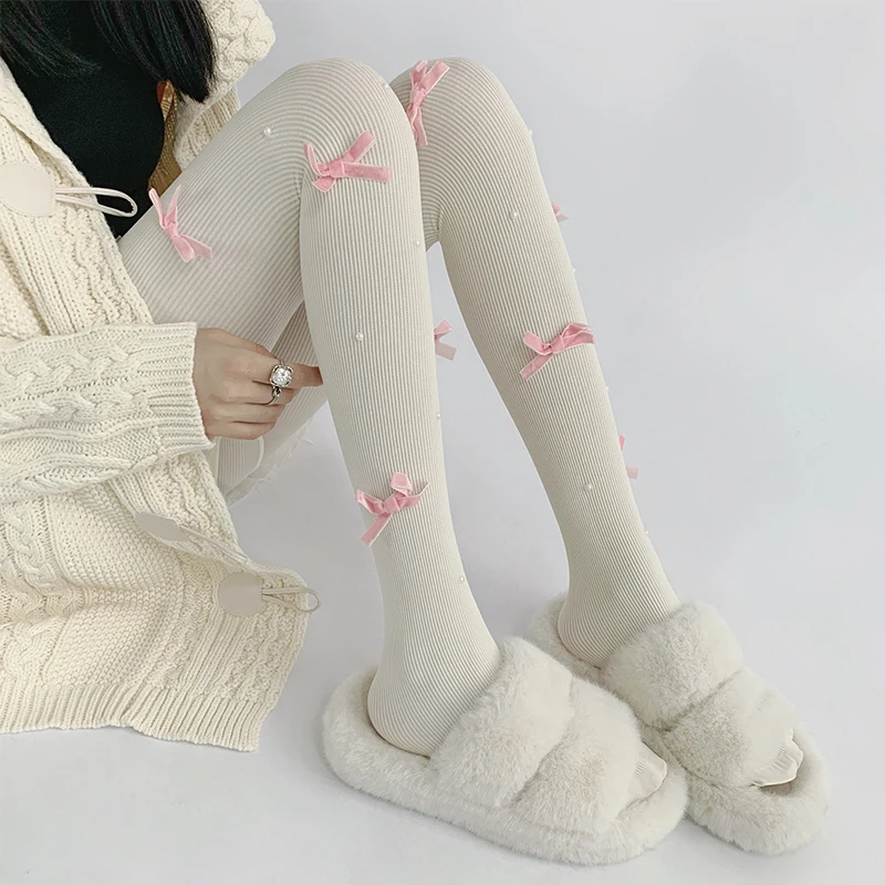 Pantyhose Women's Fashion Simple with Bowknot Stockings Sexy White Pearl Ultra-Thin Summer Pure Desire White Silk Leg Shaping1Pc