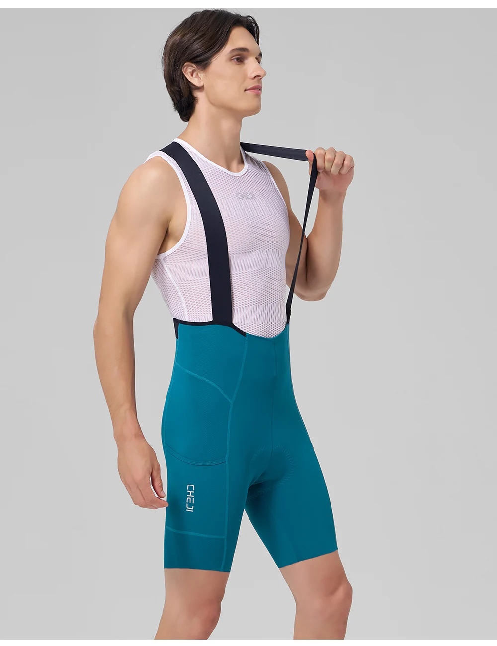 CHEJI Herren Radsport-Trägerhose mit Seitentaschen, nahtlosen, rutschfesten Beinmanschetten, gepolstert für 7 Stunden Fahrt auf Straßen- und MTB-Fahrrädern. – Detail 19