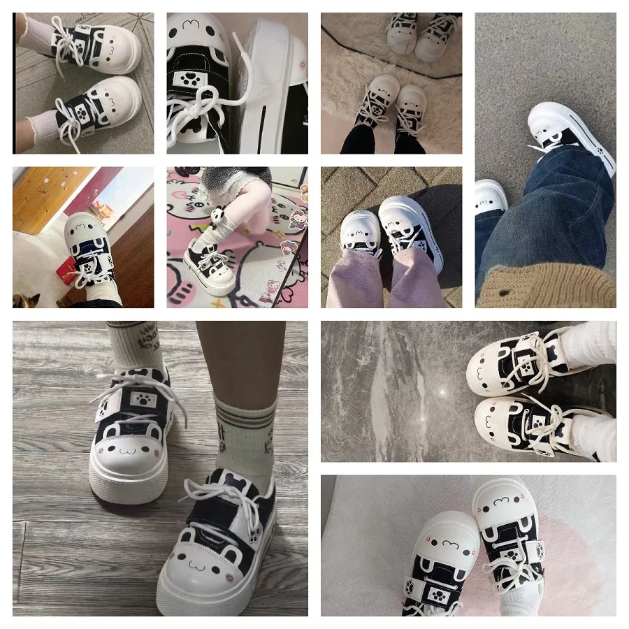 Kuschelige Katzenpfoten-Canvas-Schuhe, Schnür-Sneaker mit Kätzchen-Patchwork für Damen, Plateau-Schuhe aus Kunstleder, Lolita-Chunky-Trainer – Detail 3