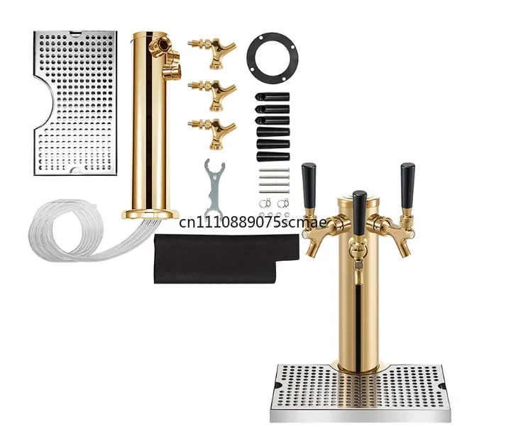 Pre‑Assembled Triple‑Tap Draft Beer Tower Dispenser, Stainless Steel Kegerator Beer Tower with Drip Tray for Bar
