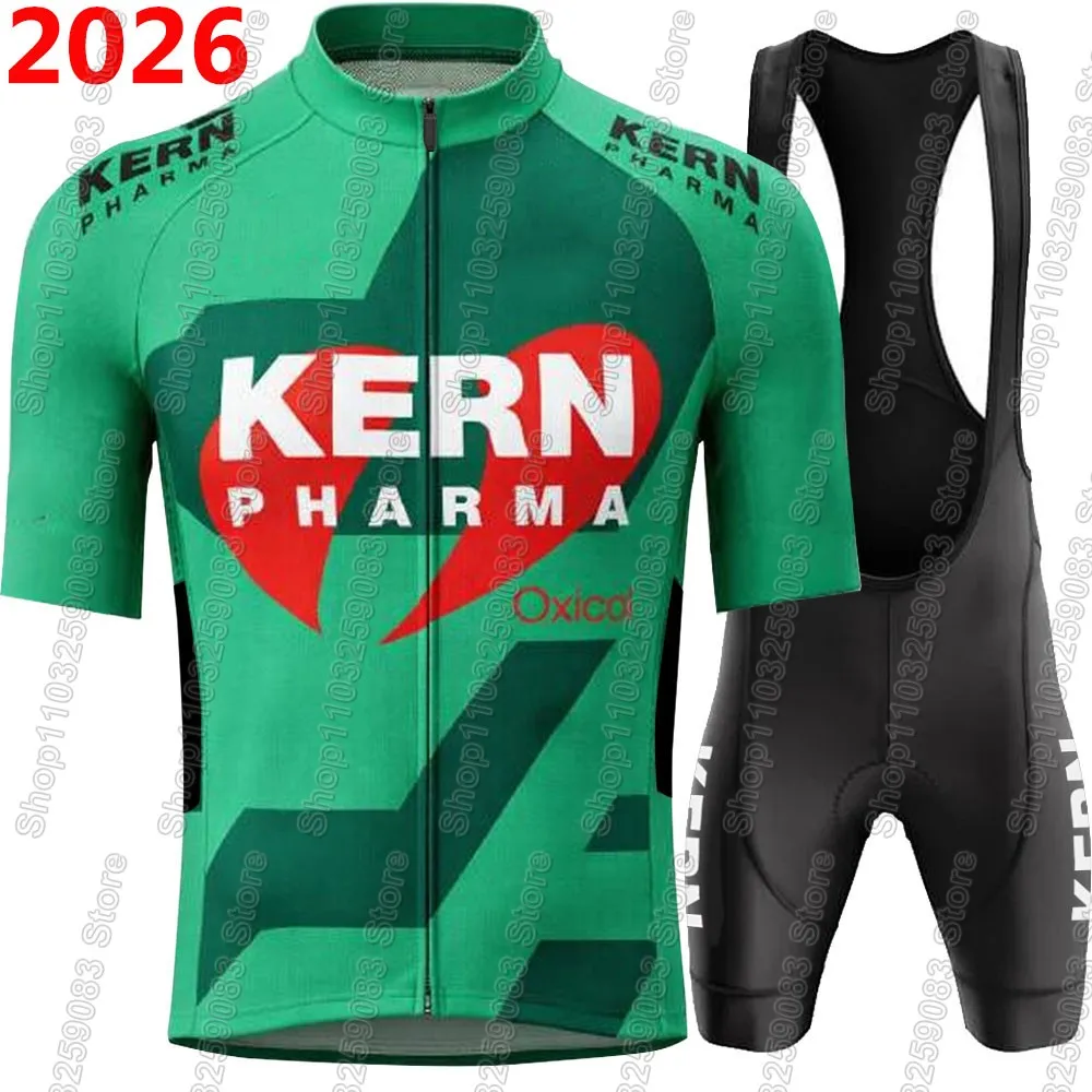 Conjunto de Jersey de Ciclismo Team Kern Pharma 2026 para Hombre, Manga Corta, Verde España, Ropa para Bicicleta de Carretera, Camiseta de Ciclismo, Pantalones Cortos con Tirantes, Maillot