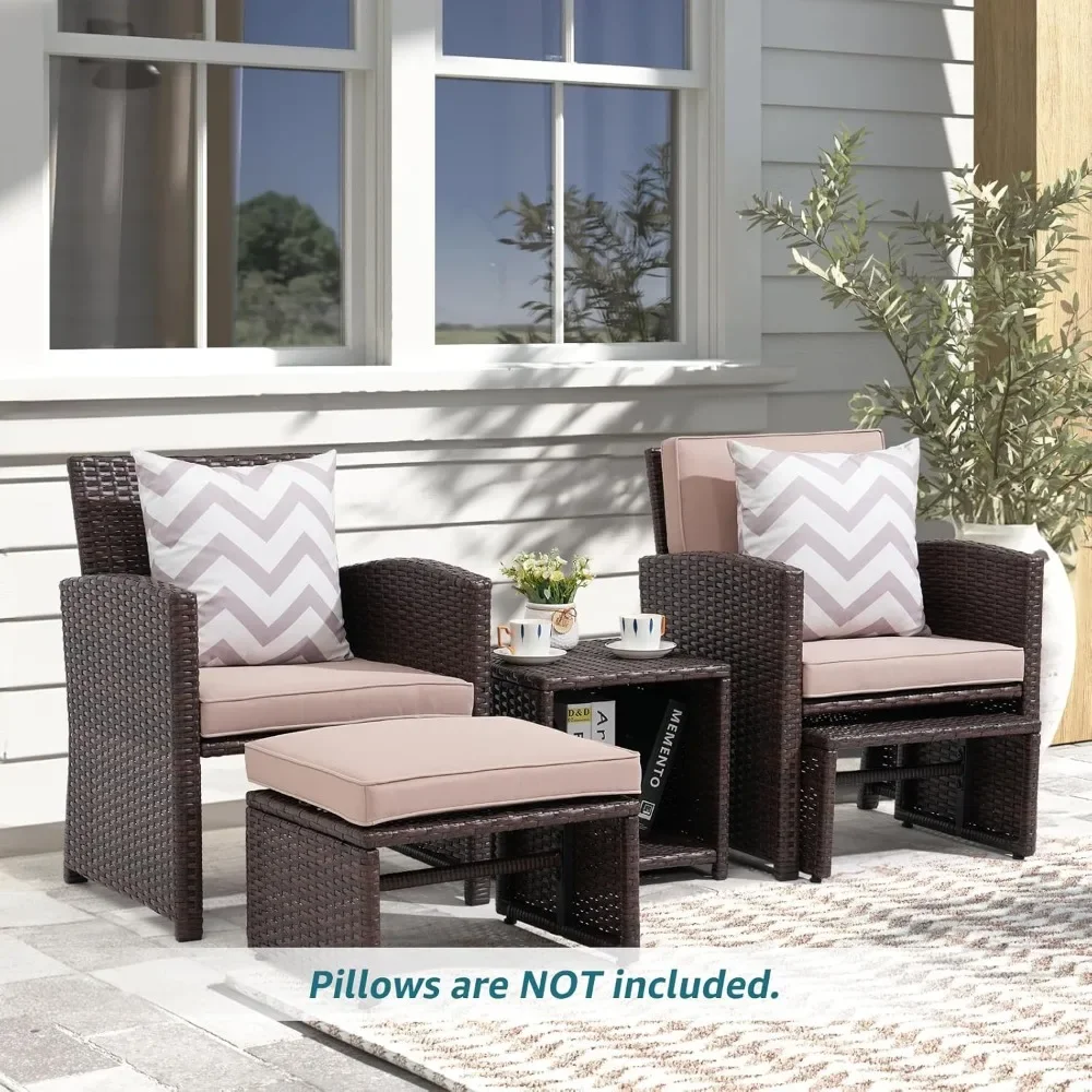 Patio Conversation Set Balcony Furniture Set with Cushions, Brown Wicker Chair with Ottoman, Storage Table for Backyard, Garden