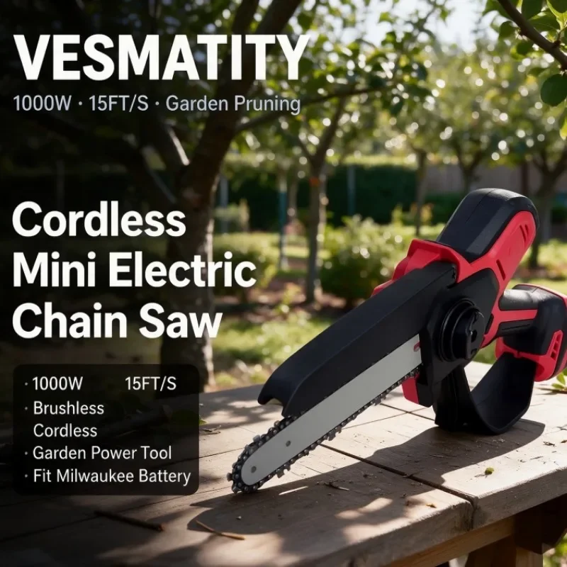 Electric Chain Saw Pruning Saw Brushless Cordless 1000W 100mm Bar 55ml Oil Tank Garden Power Tool Fit Milwaukee Battery