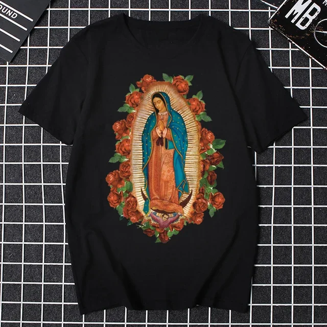 T-Shirt manches courtes col rond pour homme, estival et unisexe, avec image de la vierge marie et de la madone