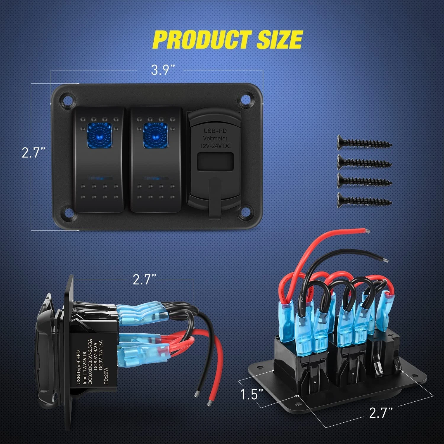 Waywe 2 Gang Rocker Switch Panel Blue Backlit PD Type C USB Voltmeter Waterproof 12V 24V for Car Trucks Boats RVs