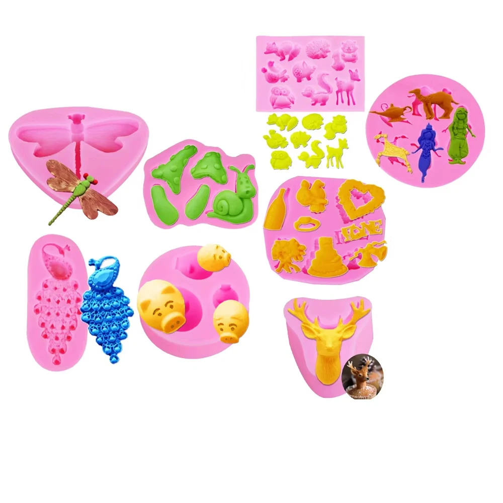 10 Kinds Snail, Dragonfly Sheep Animals Silicone Mold Fondant Chocolate Candy Gumpaste Lollipop Sugar Epoxy  Cold Porcelain Form