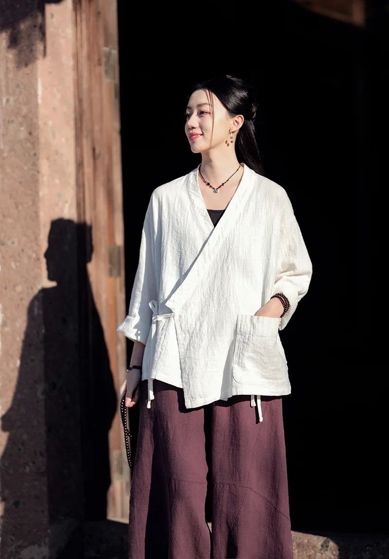 Women Hanfu Ramie Cotton Wrap Over Cardigan Shirt Asymmetrical Neo Chinese Traditional Tops