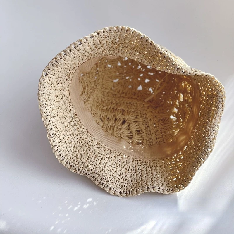Korean style children straw hat summer girls baby outing sun hat retro pattern sunscreen straw basin hat infant Fisherman