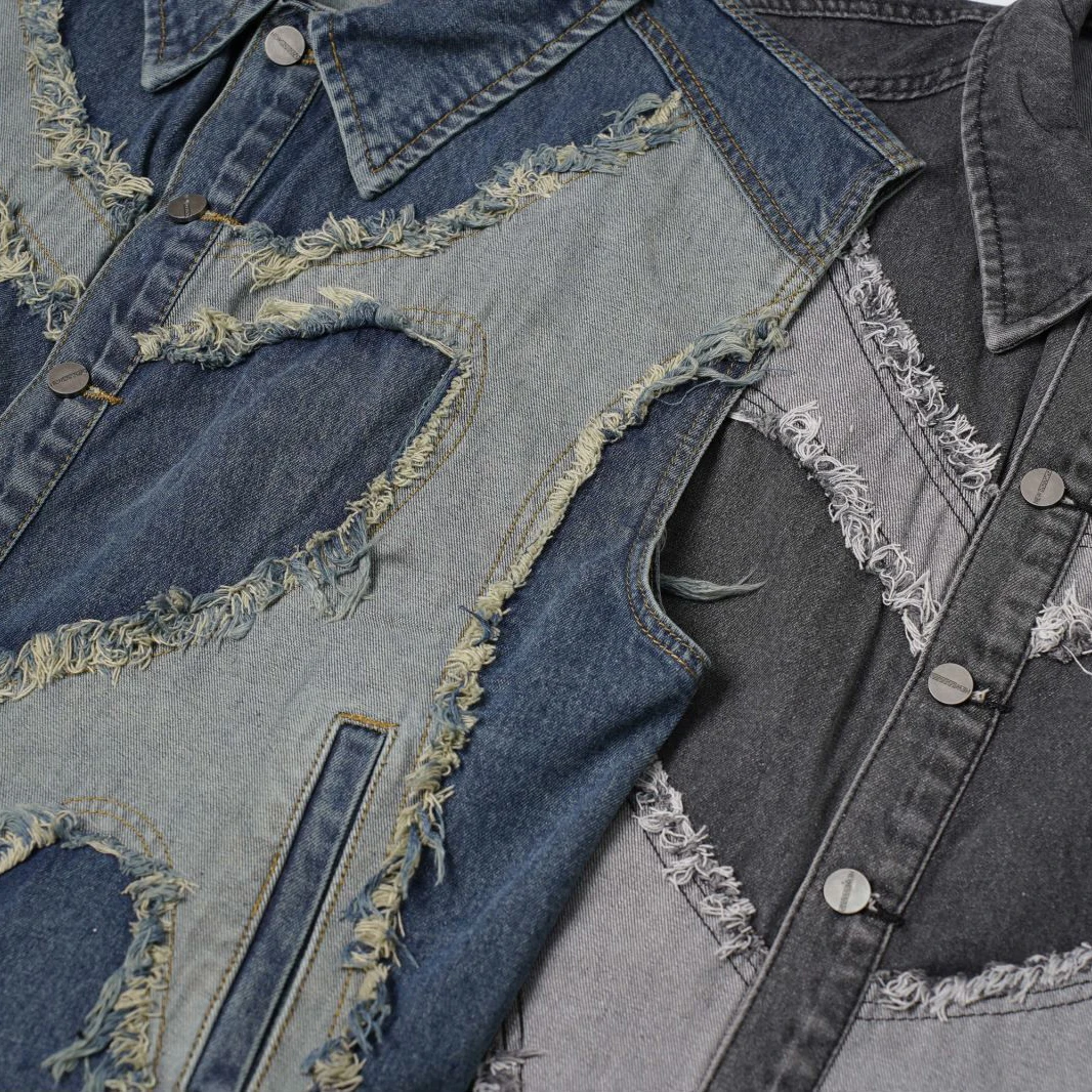 European and American mens Lapel Sleeveless Denim Jacket Cropped Baggy Vintage Washed Jean Vests Raw Edges Oversized Y2k