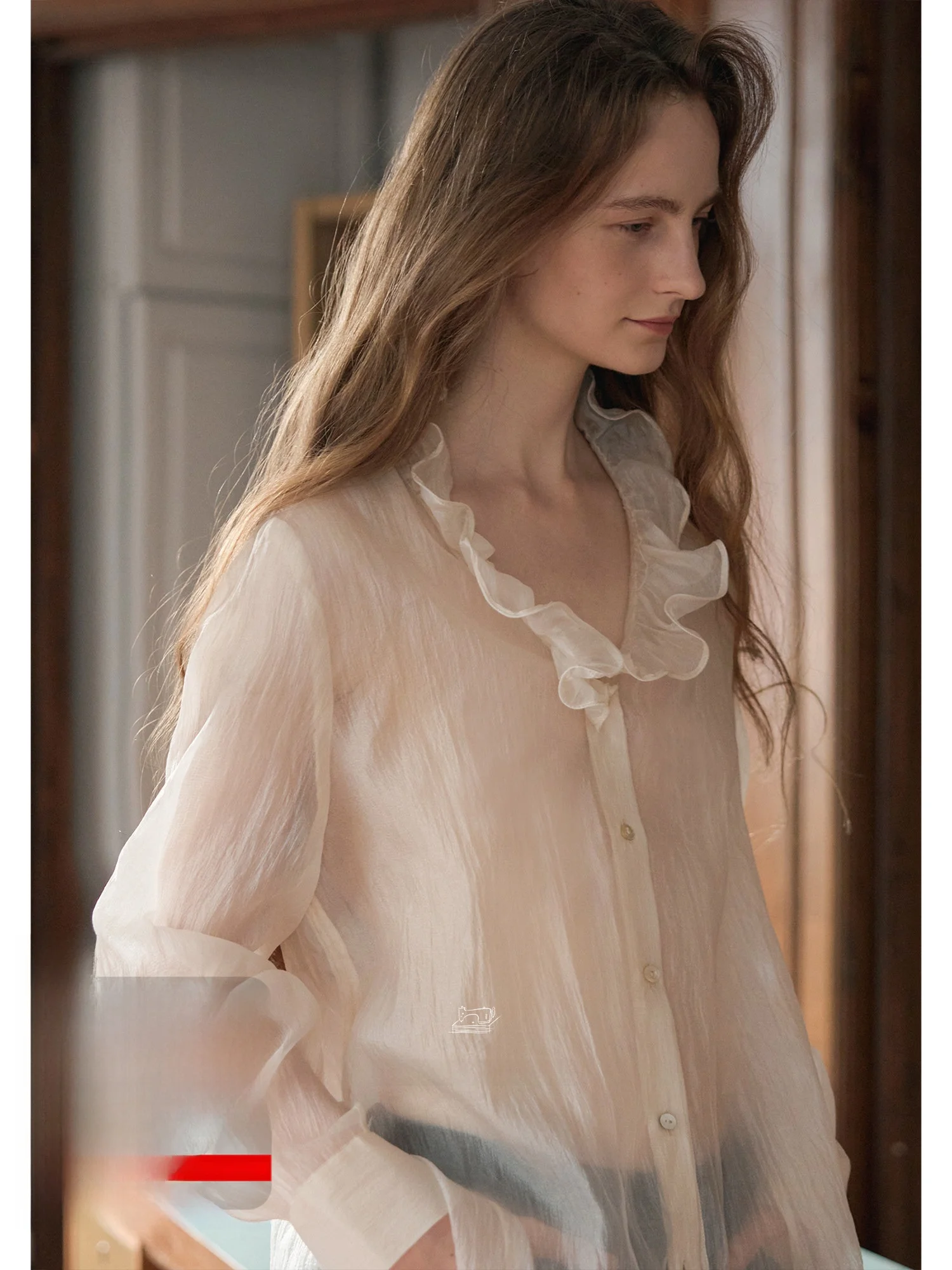 

Nice People 2025AW Women's irt Floral Lace Collar Versatile Top Breathable Nylon Long Sve French Sle Straight Cut