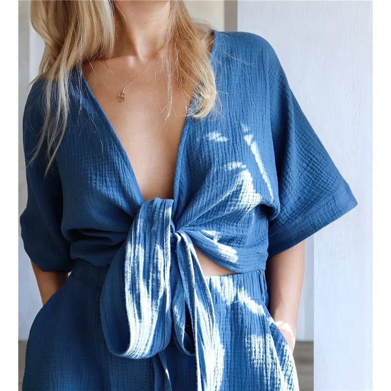 

AG-Women's Short Sleeve V Neck Blouses Babydoll Tie Front Shirts Casual Crop Tops