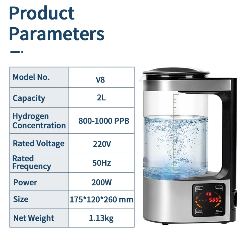 Bouilloire à eau V8 riche en hydrogène, générateur d'eau SPE, machine de chauffage à eau ionisée saine, filtre à eau Smart Books, 2L