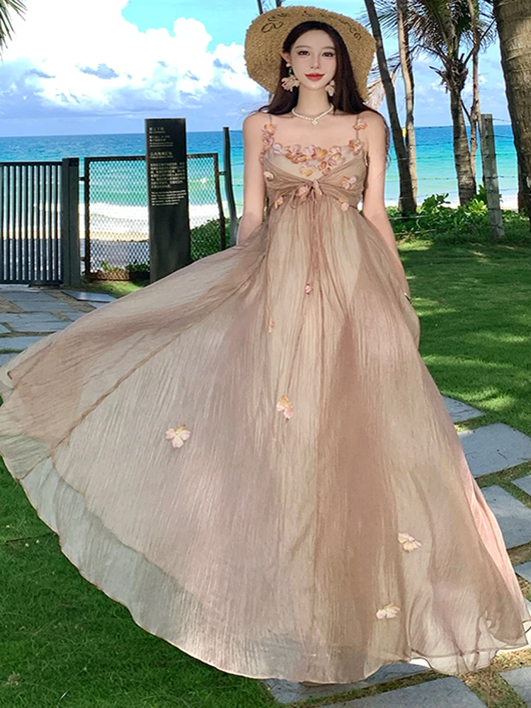 ภาษาฝรั่งเศสคําอารมณ์หวาน 3D ดอกไม้ Boho ชุดยาวหญิงเซ็กซี่สปาเก็ตตี้ Slim เอววันหยุดชุดบอลชุด