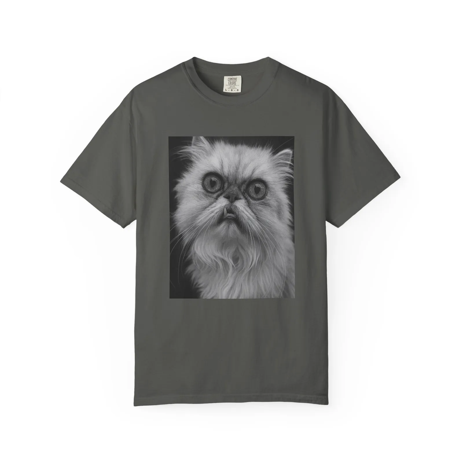 Wide-Eyed Persian Cat Photo T-shirt | Monochrome Pet Portrait