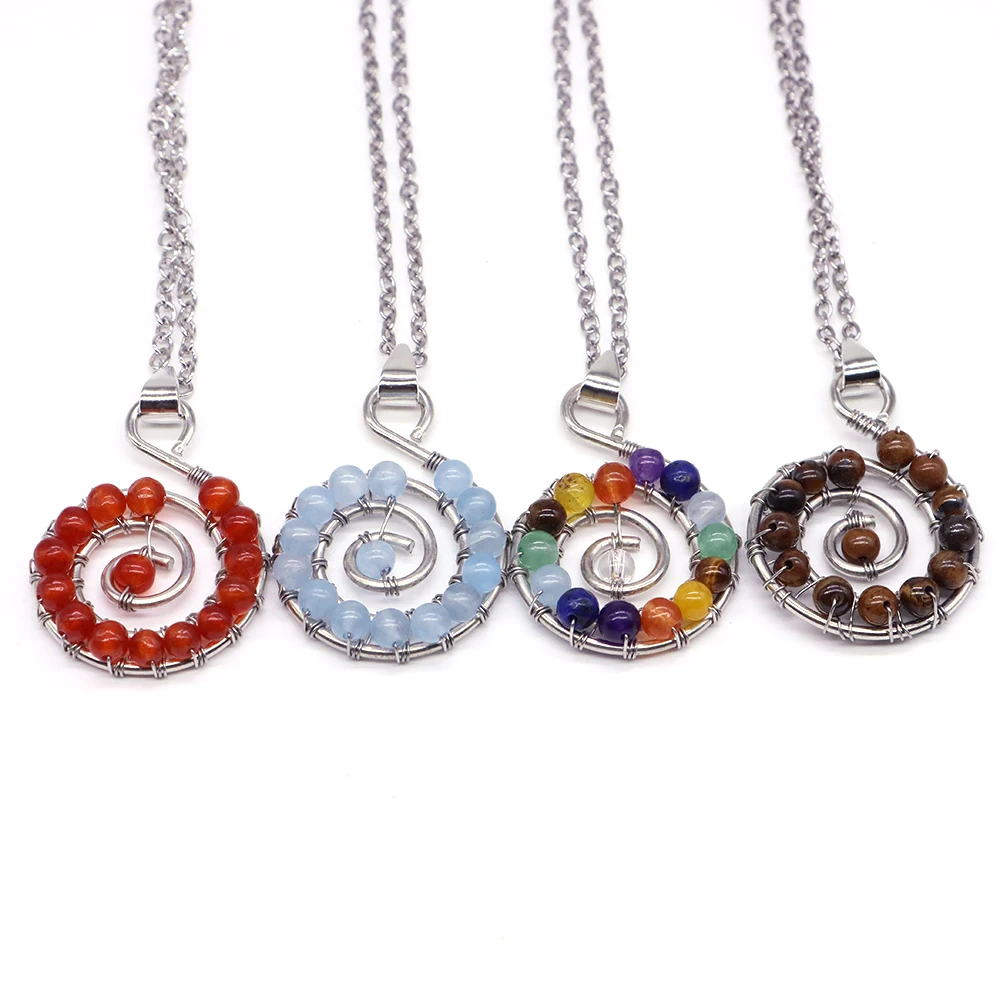 Ethnic Style Retro Exaggerated Metal Spiral Women's Pendant Bohemian Simple Stone Beaded Charms Crystals Necklace Jewelry Gifts