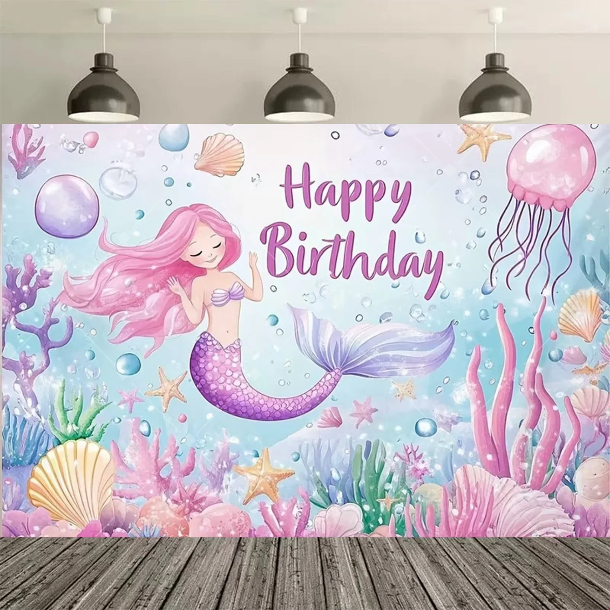 Unterwasserwelt Meerjungfrau Geburtstagsparty Dekoration Hintergrund Meerjungfrauenschwanz Geburtstagsbanner Mädchen Party Studio Kuchentisch Deko – Detail 7