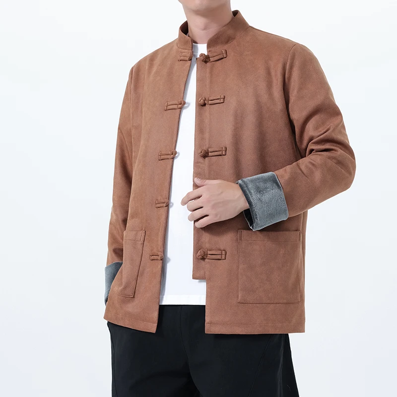 

Свободный мужской костюм большого размера из кожи оленя, бархатный новый китайский костюм Sle Tang, верхняя одежда Hanfu, осень-зима