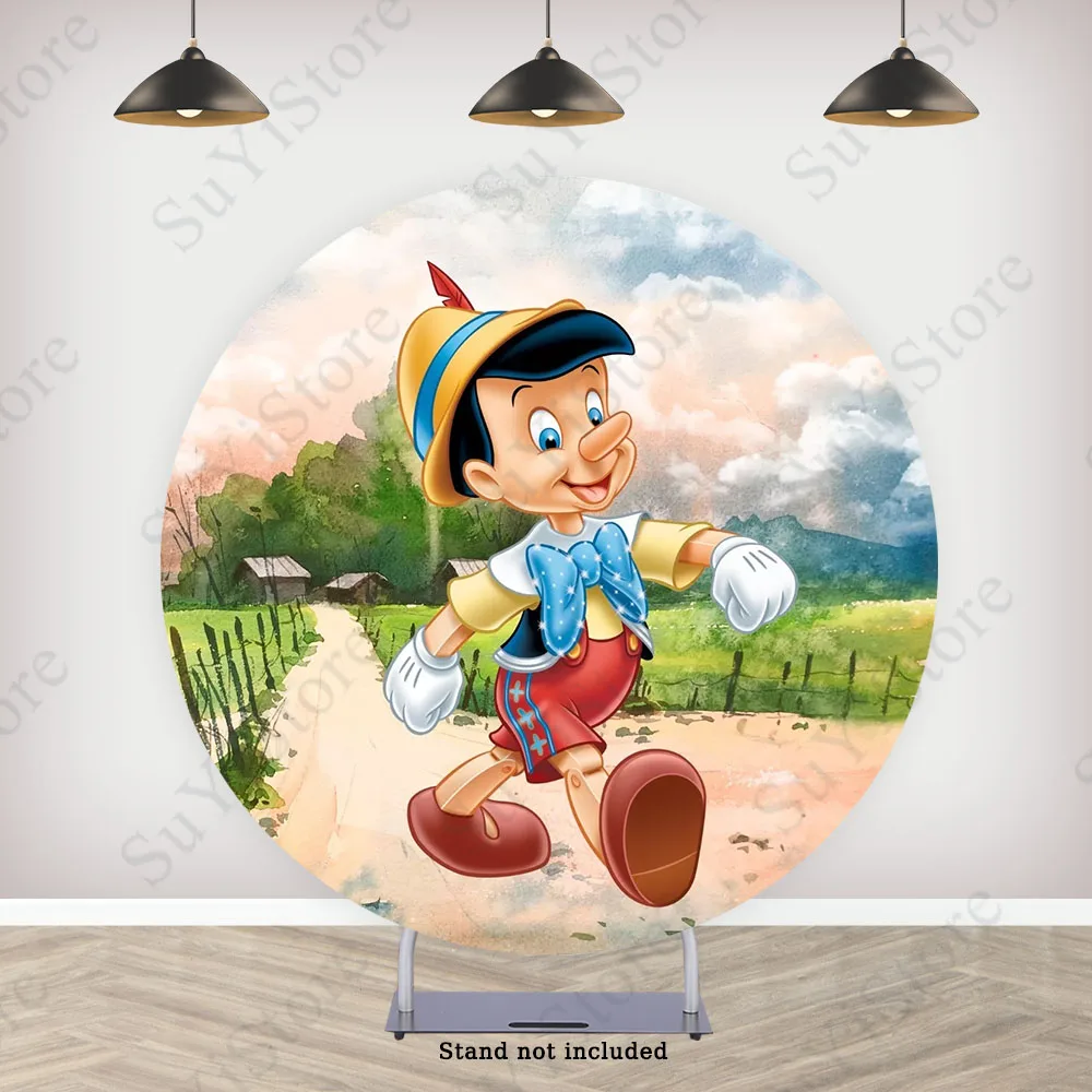 Pinocchio Round Backdrop Cover For Kids Birthday Baby Shower Disney Cartoon Circle Photo Background Elastic PhotoCall Covers