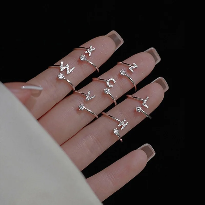 High Quality Silver Color Zircon A-Z Valentine Rings Initial Letters Rings Women Fashion Jewerly Gift Adjustable