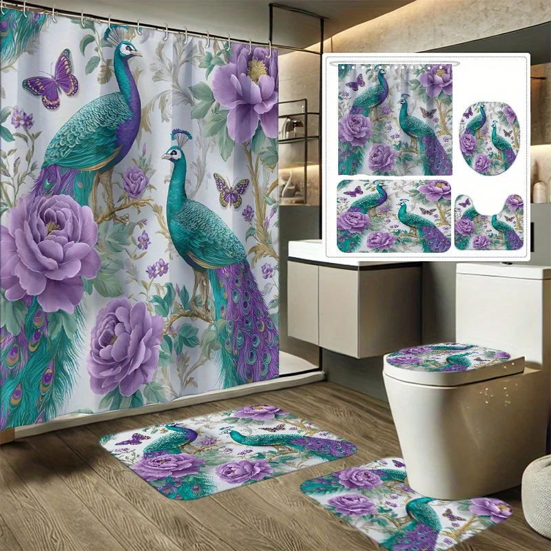 

4pcs Peacock Flower Butterfly Print Shower Curtain Set, Bathroom Decor Kit Includes Shower Liner, Non-Slip Mat, Toilet Cover