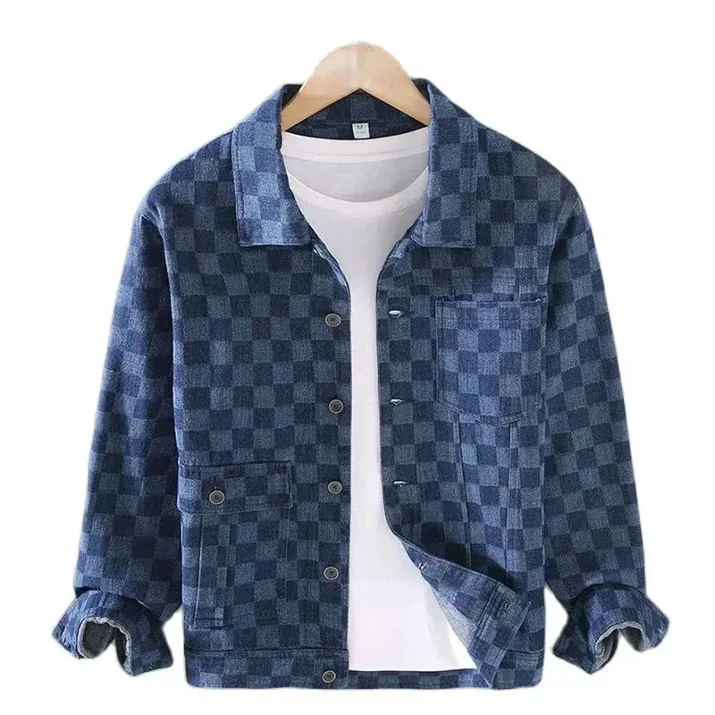 Spring New Denim Jacket Men High Street Loose Jean Coat Single-breasted Plaid Youth Personalized Fashion Men's Clothing