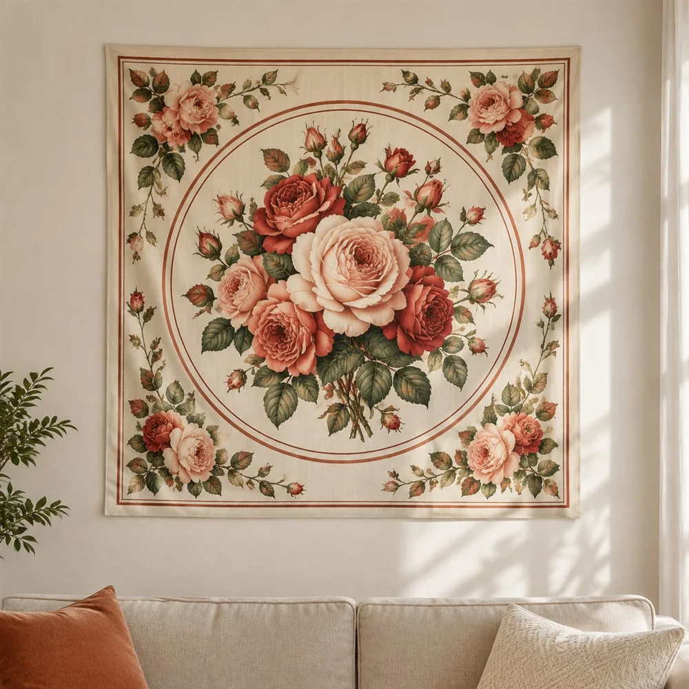 VIKAMA Rose Garden Tapestry Wall Hanging, HD Print Washable Wall Art, Romantic Decor for Living Room Bedroom Dining Room
