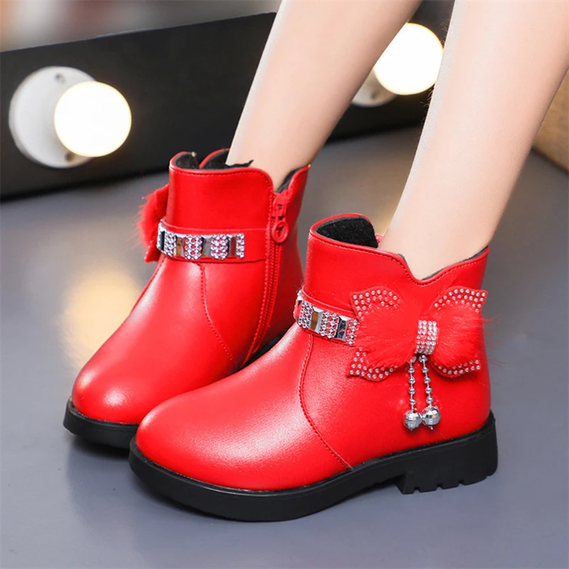 Winter New Children\'s Shoes Girl Mid Length Warm Leather Boots Baby Bow Cute  Plush Student  Cotton Boots