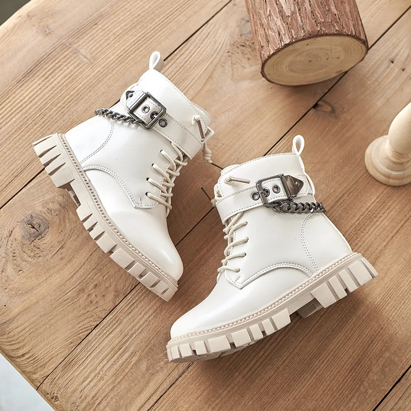 Children New Boots Soft-soled Girls Boots Autumn and Winter Warm British Style Boys Leather Boots Student Metal Chain Hot