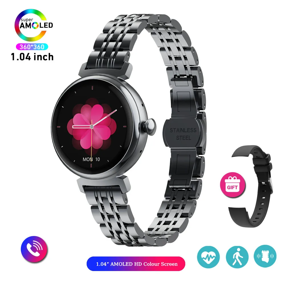 1,04 inch AMOLED-scherm Mode Dames Smart Watch-scherm Weergave altijd Bluetooth-oproep Smartwatch Metalen behuizing Klein schermhorloge